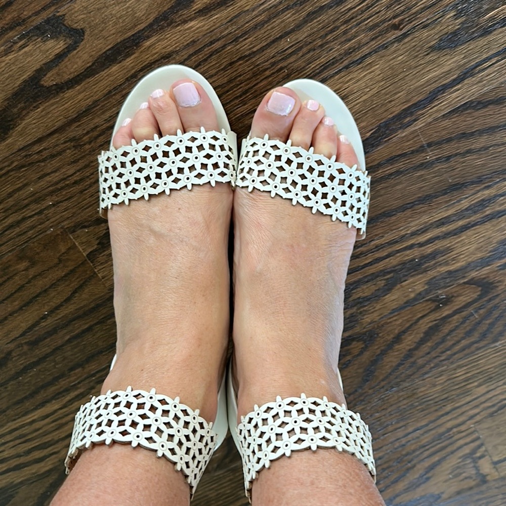 Oh so cute! Wedge sandals, white with cut out detail and ankle strap.